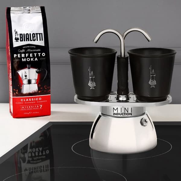 Italiensk kaffemaskinesæt + 2 kopper - BIALETTI - Mini induktion - 100 ml - Rustfrit stål / Sort