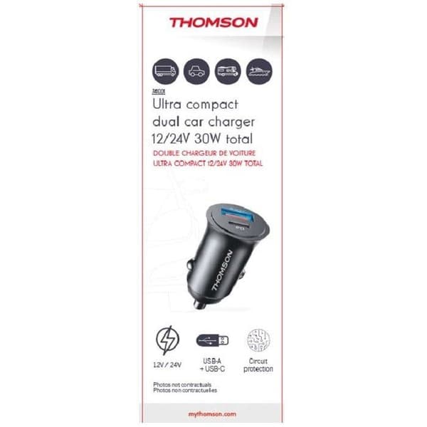 Biloplader - THOMSON - Kompakt - USB-A + USB-C - 18W + PD 20W