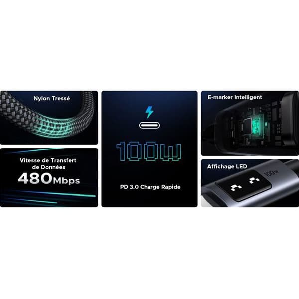 USB-C til USB-C datakabel - UGREEN - PD 100W - Nylon - 1 m - Sort