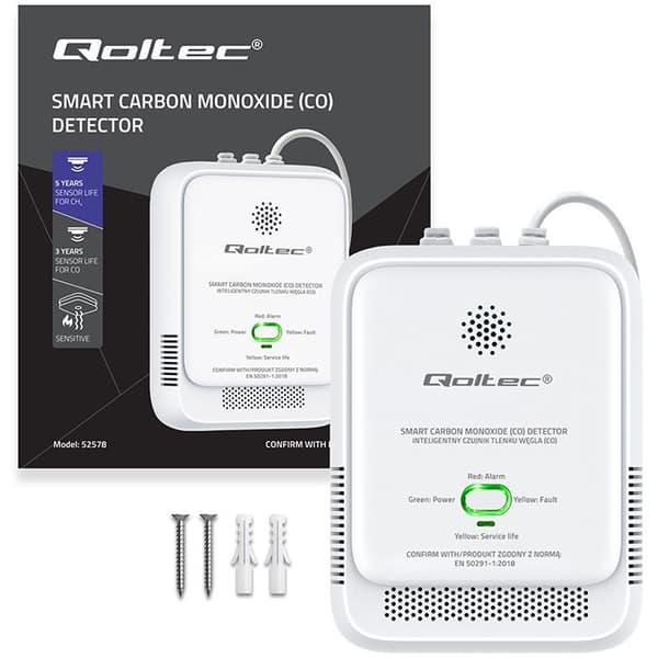 Qoltec 52576 Kolmonoxidsensor | CO-detektor | 85dB larm | LED