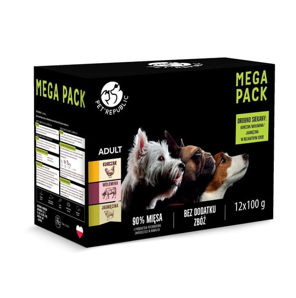 PETREPUBLIC Mega Pack Kylling, Oksekød, Lam - vådfoder til hunde - 12x100g