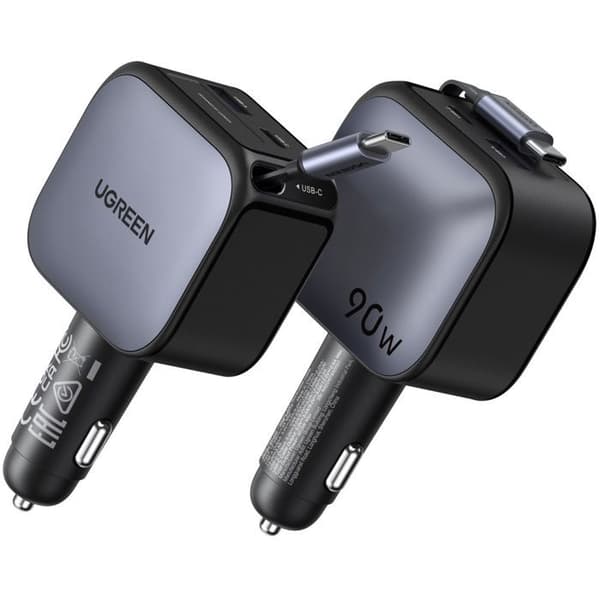 Biloplader - UGREEN - 90W - USB-A og USB-C - Udtrækkelig - Sort