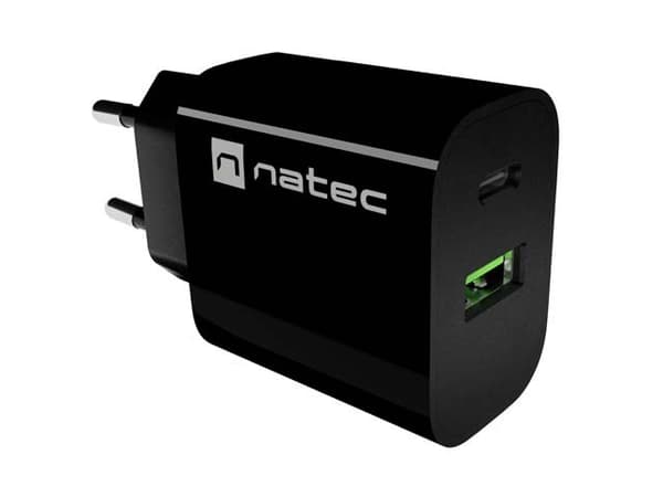 Seinälaturi Natec Ribera 1X USB-A + 1X USB-C 20W musta