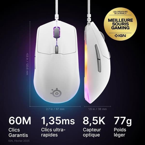 Kablet Gamingmus - STEELSERIES - Rival 3 Gen 2 - Hvid