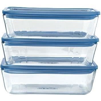 Set med 3 förvaringslådor med lock - PYREX - Zero Plastic - Glas - Rektangulär - 0,8 L