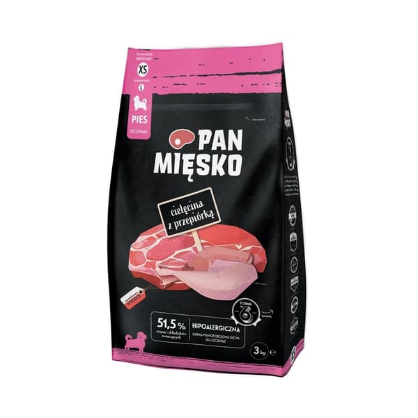 PAN MIĘSKO Kalvkött med vaktel XS (valp) - torrfoder för hundar - 3 kg