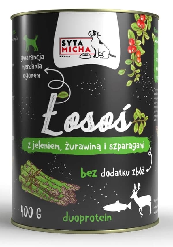 SYTA MICHA Laks med hjort, tranebær og asparges - vådfoder til hunde - 400 g