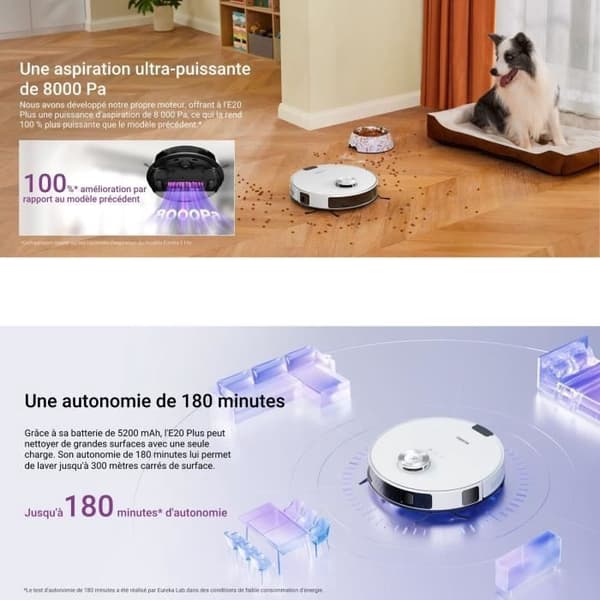 Robotstøvsuger - EUREKA - E20 Plus - 8000 Pa - 65 dB(A) i lydløs tilstand - Hvid