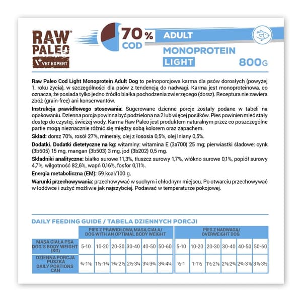 VETEXPERT Raw Paleo Cod Light Monoprotein - vådfoder til hunde - 800 g