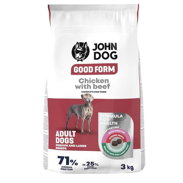JOHN DOG Good Form mellemstore og store racer Kylling med oksekød - tørfoder til hunde - 3 kg