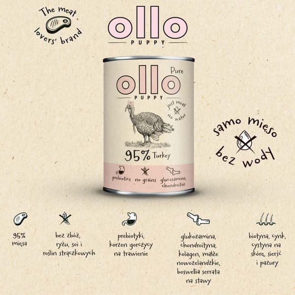OLLO Puppy Pure Turkey - våtfoder för hundar - 850 g