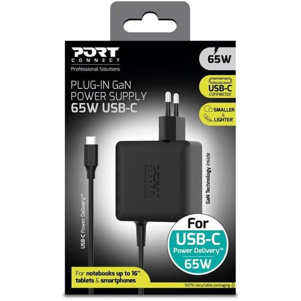 Laptop AC-adapter - PORT DESIGNS - GaN2 - 65W - 1,5 mm - USB-C - Sort