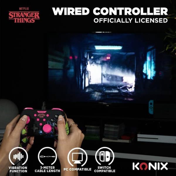 Gamepad - Nintendo Switch, Switch 2 og PC - Stranger Things - Kablet - Sort og pink - Vibrationsfunktion - 3 meter kabel - Konix