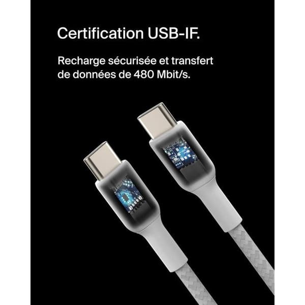 Flätad kabel - BELKIN - USB-C till USB-C - 2 m - Vit