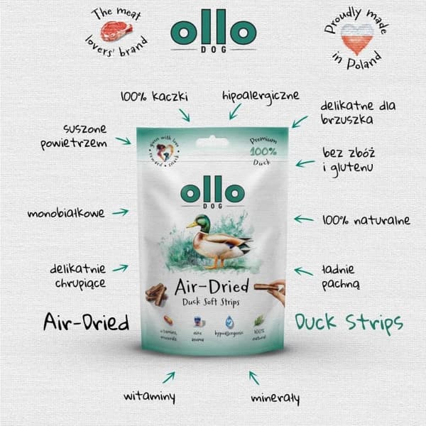 OLLO Lufttorkade ankstrimlor - hundgodis - 80g
