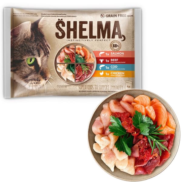SHELMA Rig på laks, torsk, oksekød og kylling - vådfoder til katte - 4x85g