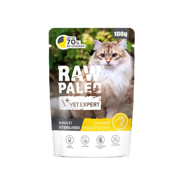 VETEXPERT Rå Paleo Voksen Steriliseret Kylling - vådfoder til katte - 100 g