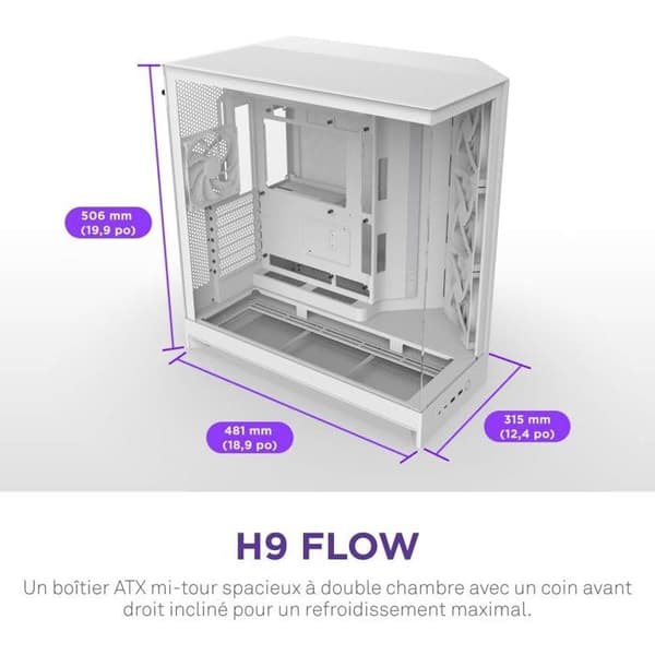 Midi-tower-chassi - NZXT - H9 Flow - Dubbelkammarchassi - Mesh-paneler - Härdat glas