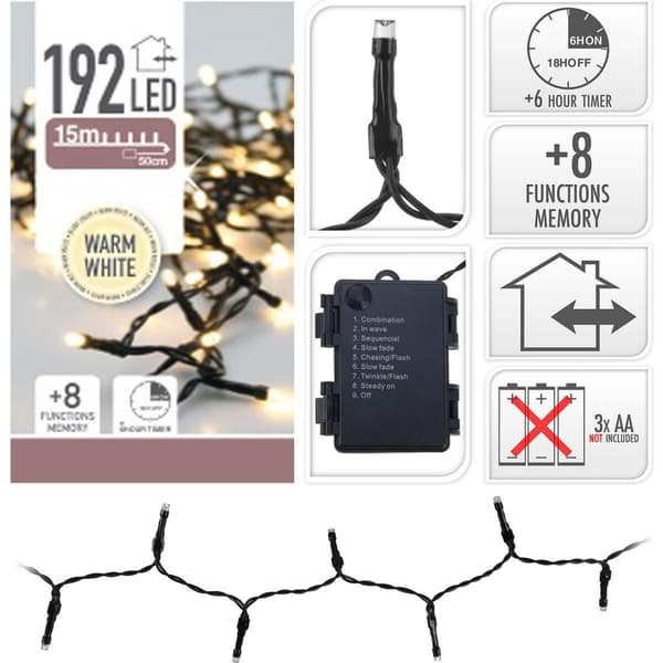 SIA Batteri Julbelysning 14,5M 192 LEDs IP44 + Timer