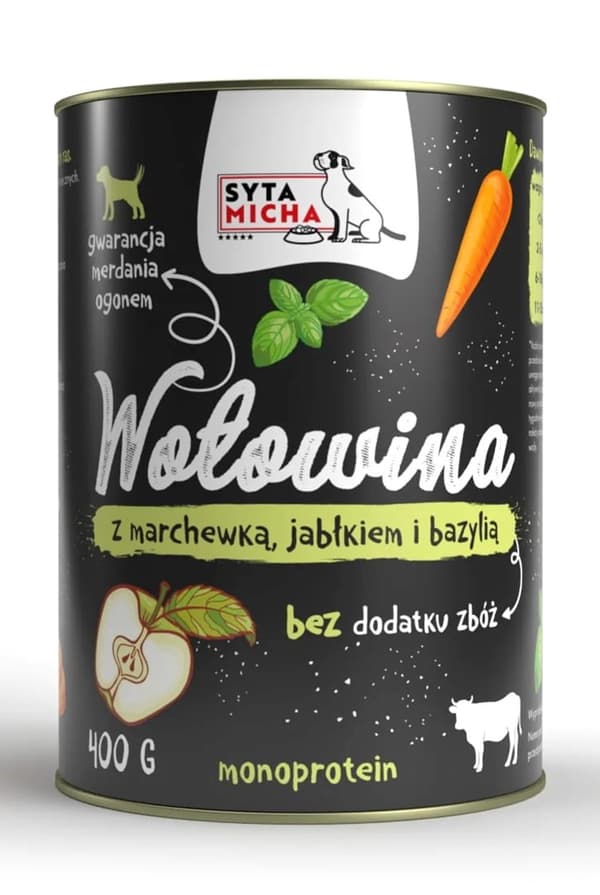 SYTA MICHA Oksekød med gulerod, æble og basilikum - vådfoder til hunde - 400 g