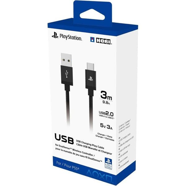 Hori USB-A til USB-C opladningskabel - PlayStation til PS5 DualSense Controller - 5V/3A - 3 meter lang - Sort