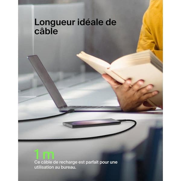 Flätad kabel - BELKIN - USB-C till USB-A - 1 m - Svart