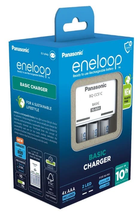 Batteriladdare PANASONIC Eneloop Basic BQ-CC51 + 4x AAA 800 mAh (K-KJ51MCD04E)