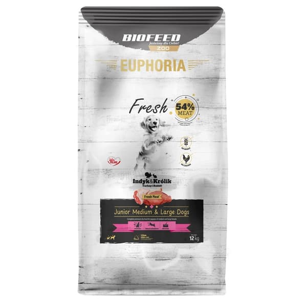 EUPHORIA Fresh Junior Mellem & Store Hunde Kalkun med Kanin - Tørfoder til Hunde - 12 kg