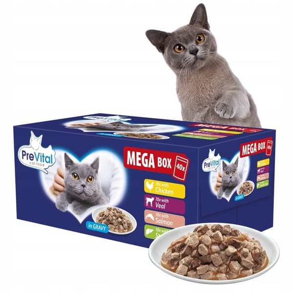 PREVITAL Mega Box Kalvekød, laks, lever, kylling - vådfoder til katte - 40X100g