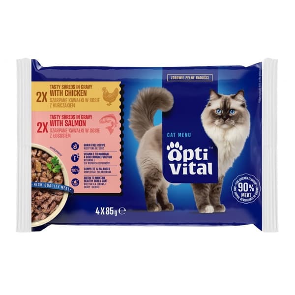 OPTIVITAL Strimler i sovs med kylling og laks - vådfoder til katte - 4x85g