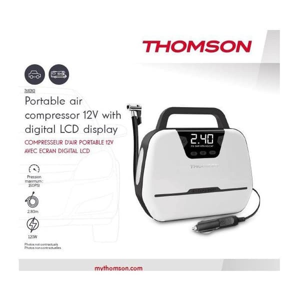 Luftkompressor - THOMSON - 12V - LCD digitalt display - Integreret arbejdslys - Maksimalt tryk 150 PSA