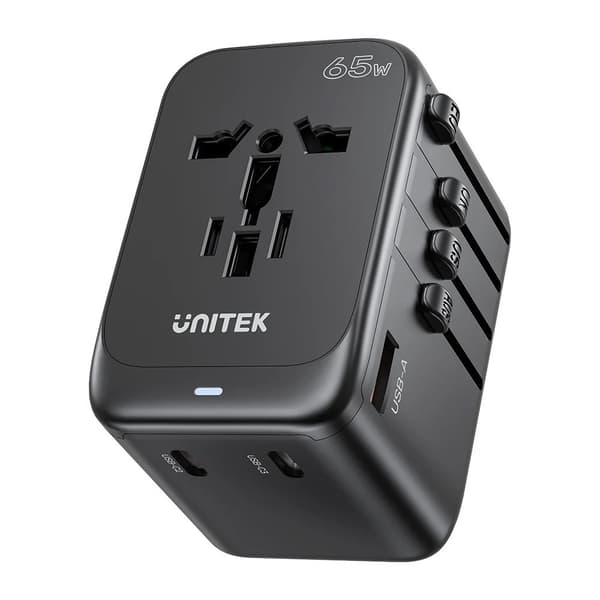 Strømoplader - Unitek 65W universel rejseadapter (P1122ABK01) | 1xUSB-A 3xUSB-C 1xAC