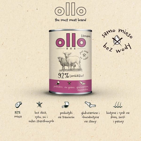 OLLO Umami Lam og oksekød - vådfoder til hunde - 850 g