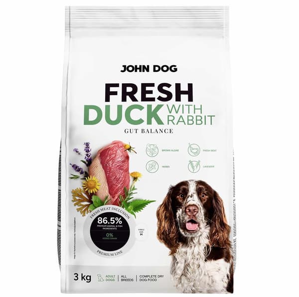 JOHN DOG Frisk And med kanin - tørfoder til hunde - 3 kg