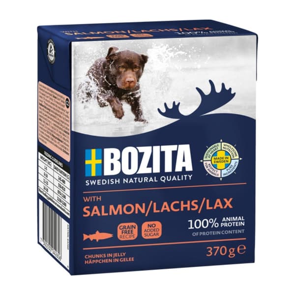 BOZITA Kødstykker med laks i gelé – vådfoder til hunde – 370 g