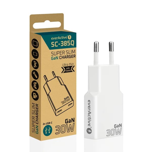 Laddare 2 x USB-C Quick Charge 4+ 30W SUPER SLIM vit