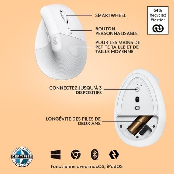 Logitech Lift Ergonomic Vertical Wireless Mouse, Bluetooth eller Logi Bolt USB-modtager, Lydløs - Off-White