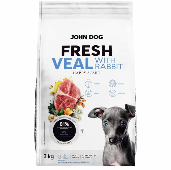 JOHN DOG Fresh Junior Små racer Kalvekød med kanin - tørfoder til hunde - 3 kg