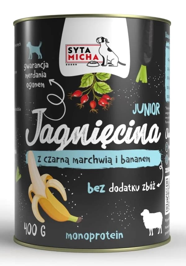 SYTA MICHA Junior Lamm med svart morot och banan - våtfoder för hundar - 400 g