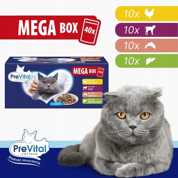 PREVITAL Mega Box Kalvekød, laks, lever, kylling - vådfoder til katte - 40X100g