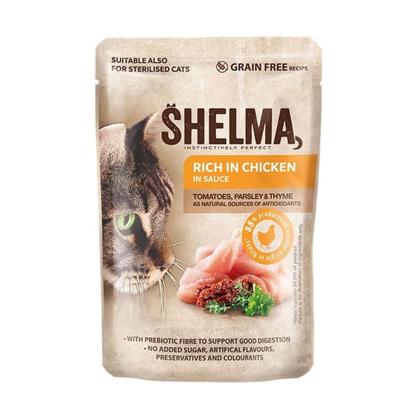 SHELMA Rig på laks, torsk, oksekød og kylling - vådfoder til katte - 4x85g