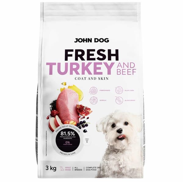 JOHN DOG Frisk kalkun og oksekød - tørfoder til hunde - 3 kg