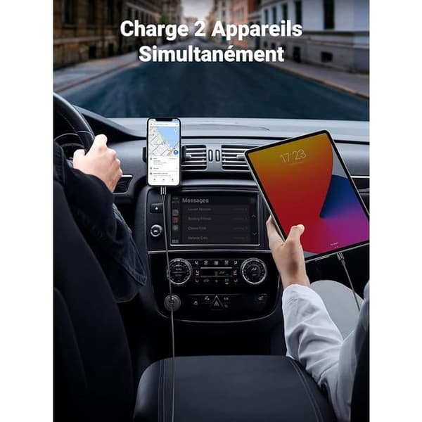 Autolaturi - UGREEN - 1 USB-C + 1 USB-A - 63W - Harmaa