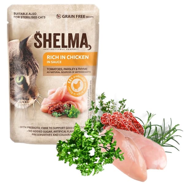 SHELMA Rig på kylling i sauce - våd kattefoder - 85g