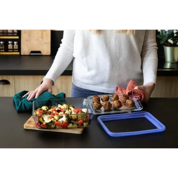 Set med 3 förvaringslådor med lock - PYREX - Zero Plastic - Glas - Rektangulär - 0,8 L
