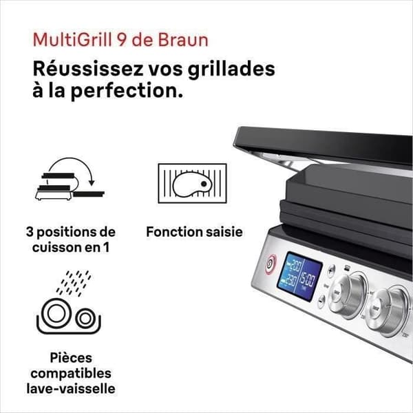 Multifunktionsgrill - BRAUN - Multi Grill 9 - 2000 W - 3 varmeniveauer - Sort / Stål