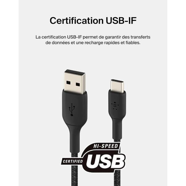 Flettet kabel - BELKIN - USB-C til USB-A - 2 m - Sort
