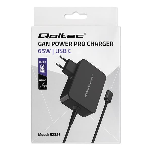 Qoltec 52386 GaN POWER PRO oplader | 1xUSB-C | 65W | 5-20V | 3-3.25A | Sort