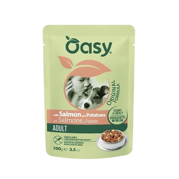 OASY Strips i sovs til voksne hunde med laks og kartofler - vådfoder til hunde - 100 g
