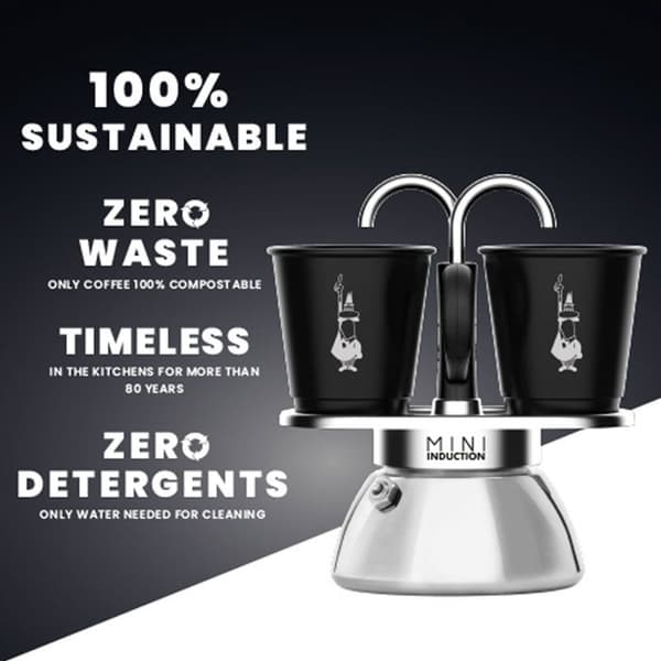 Italiensk kaffemaskinesæt + 2 kopper - BIALETTI - Mini induktion - 100 ml - Rustfrit stål / Sort